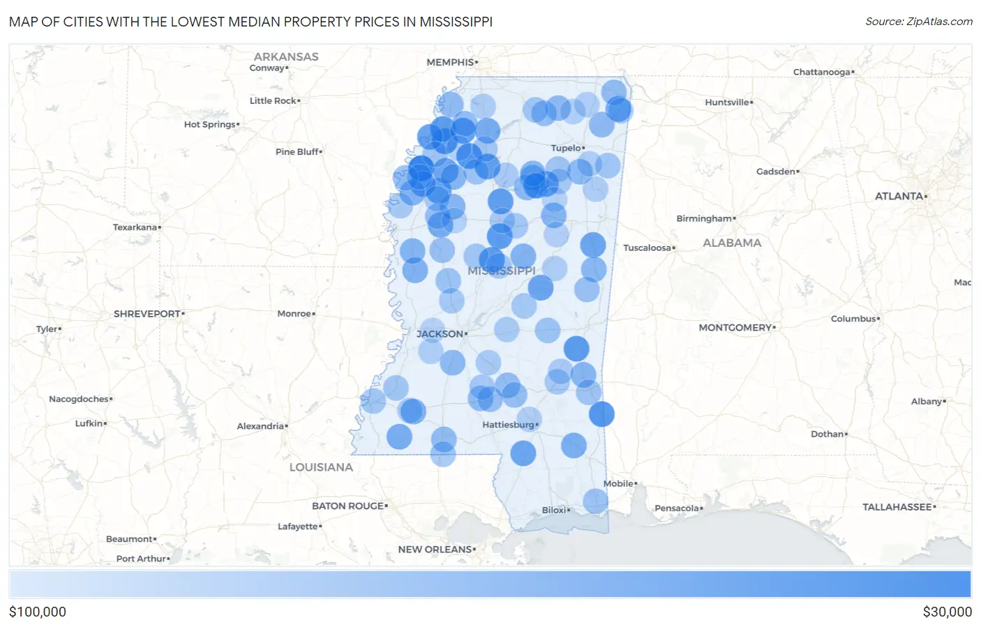 Cities with the Lowest Median Property Prices in Mississippi Map