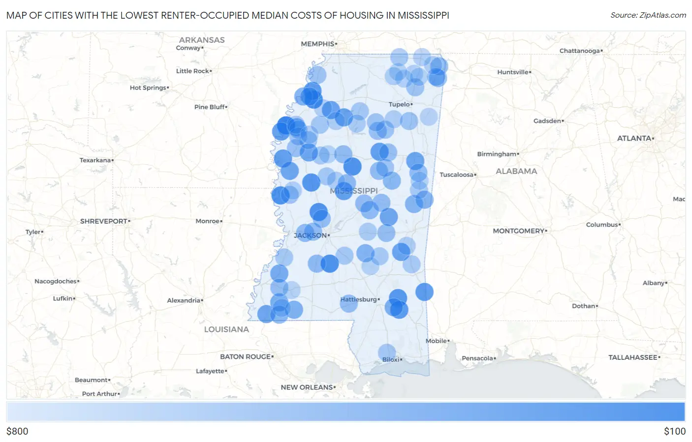 Cities with the Lowest Renter-Occupied Median Costs of Housing in Mississippi Map