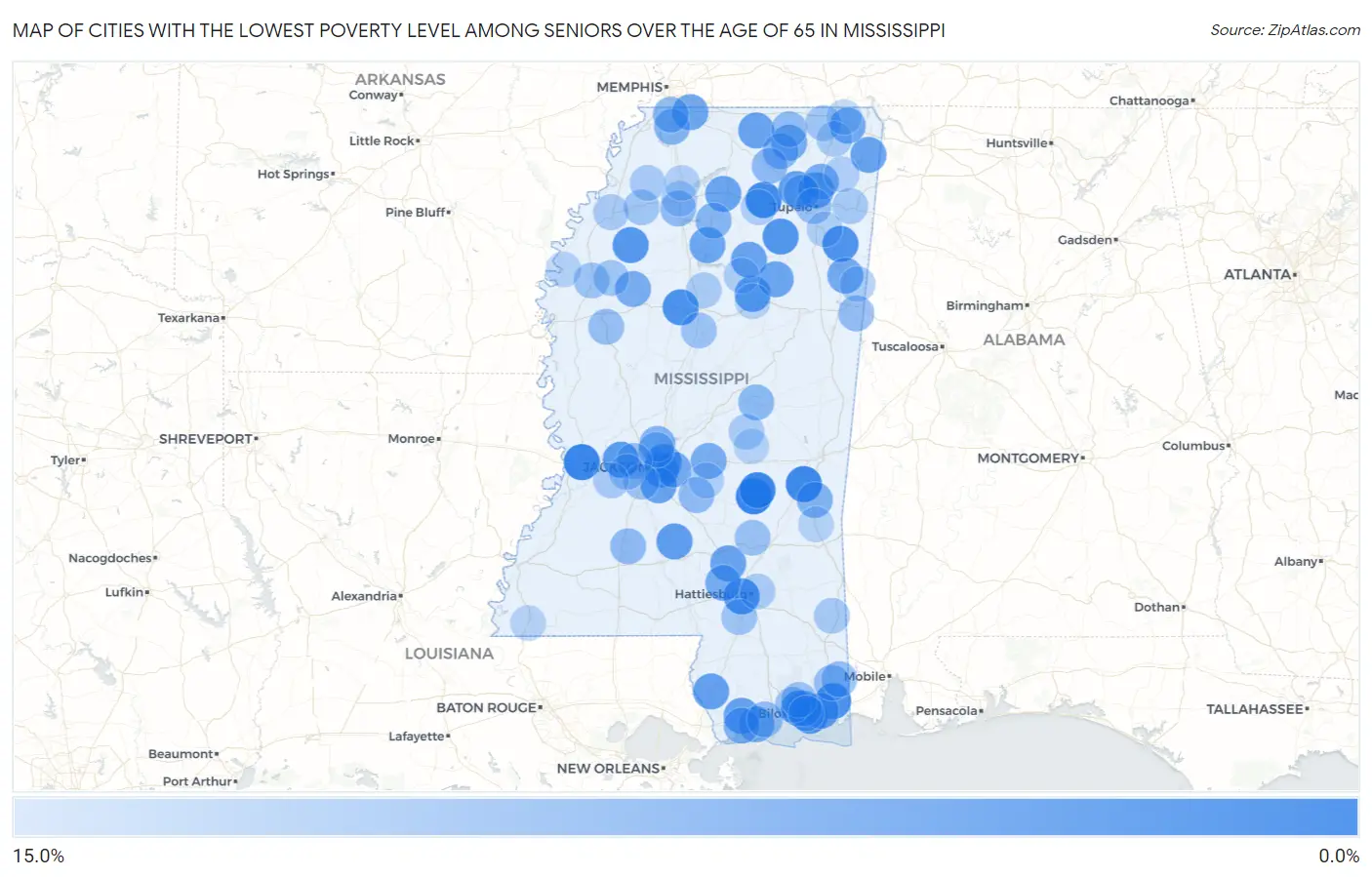 Cities with the Lowest Poverty Level Among Seniors Over the Age of 65 in Mississippi Map