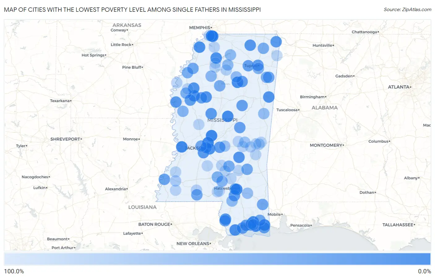 Cities with the Lowest Poverty Level Among Single Fathers in Mississippi Map