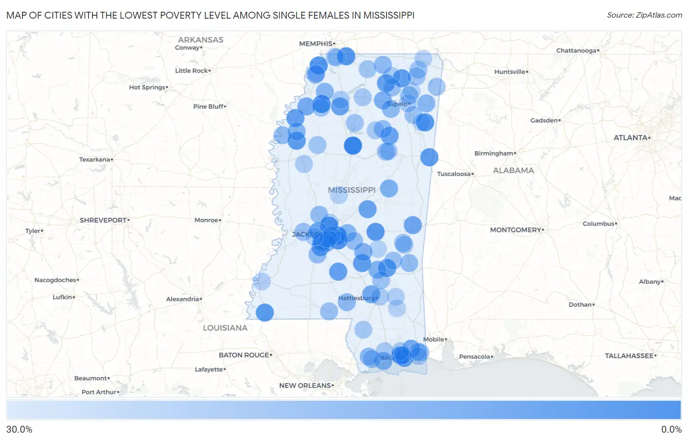 Cities with the Lowest Poverty Level Among Single Females in Mississippi Map