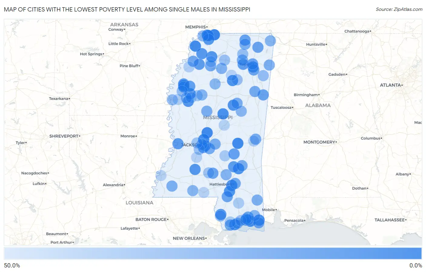 Cities with the Lowest Poverty Level Among Single Males in Mississippi Map