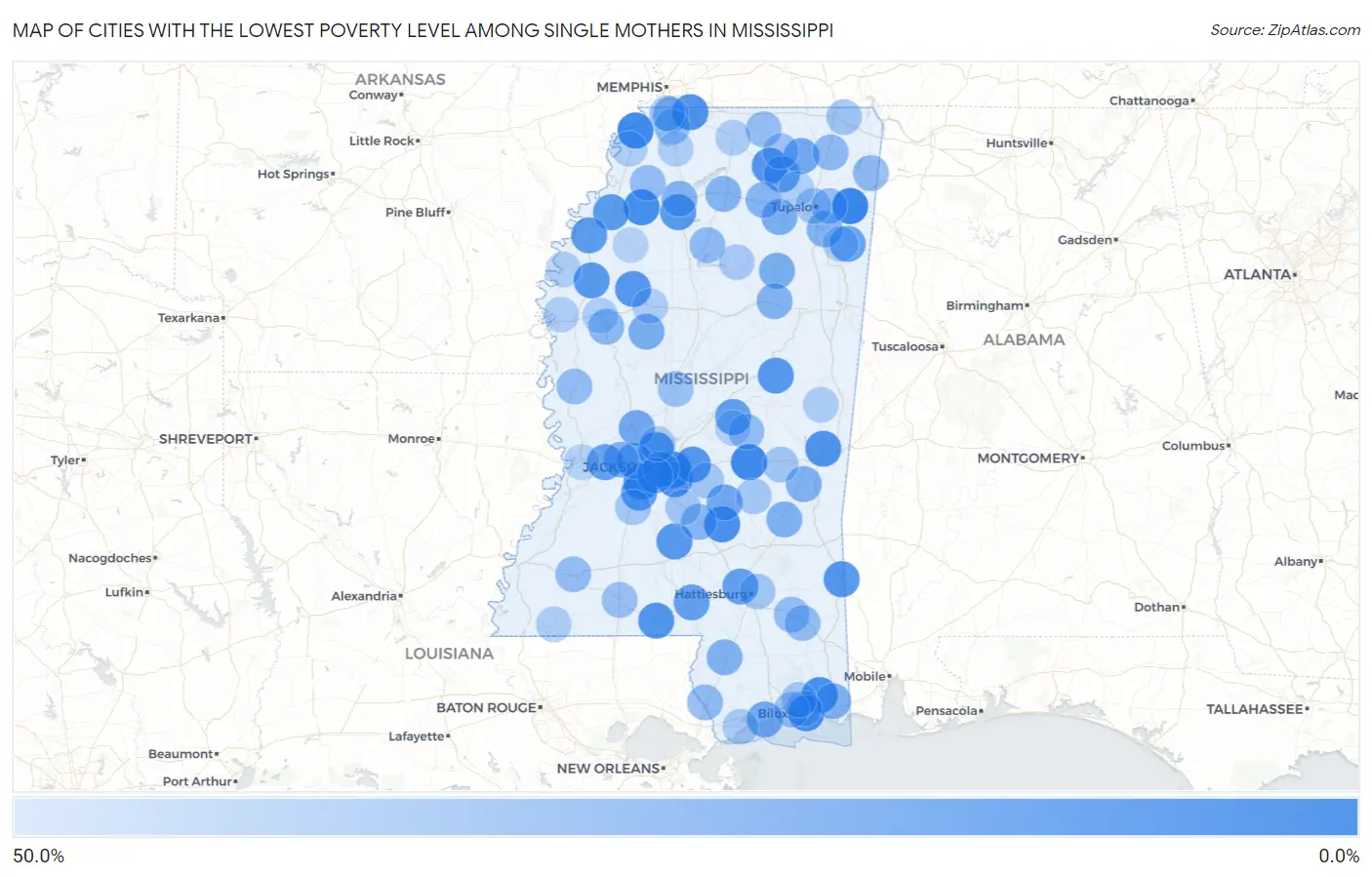 Cities with the Lowest Poverty Level Among Single Mothers in Mississippi Map