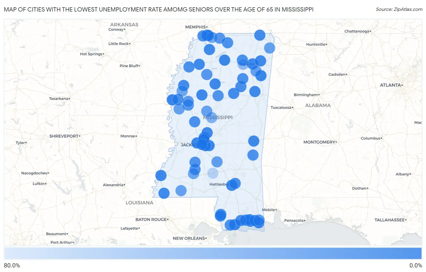 Cities with the Lowest Unemployment Rate Amomg Seniors Over the Age of 65 in Mississippi Map