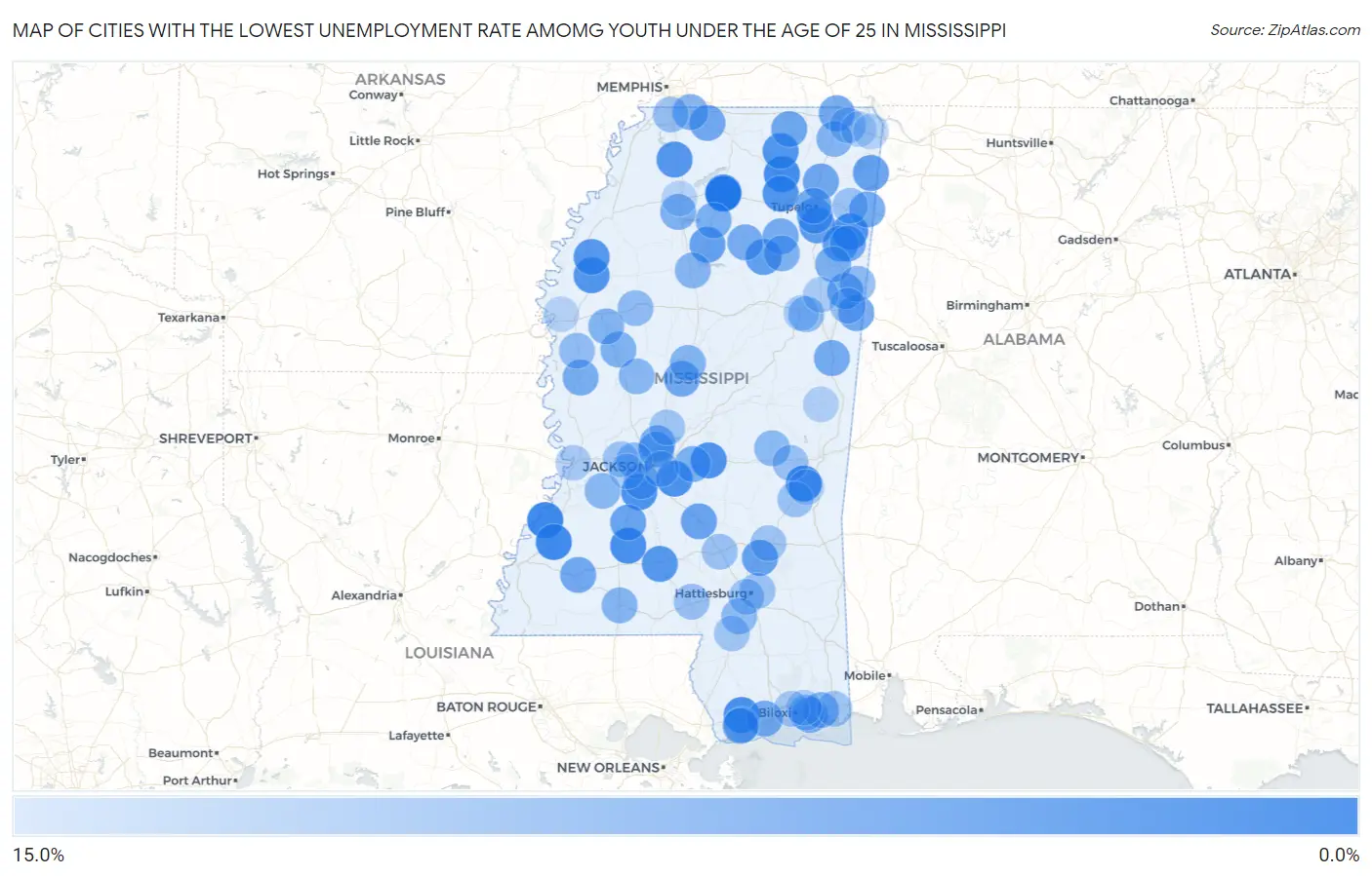 Cities with the Lowest Unemployment Rate Amomg Youth Under the Age of 25 in Mississippi Map