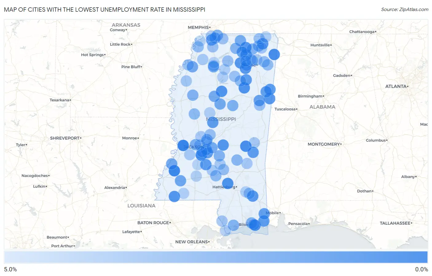 Cities with the Lowest Unemployment Rate in Mississippi Map