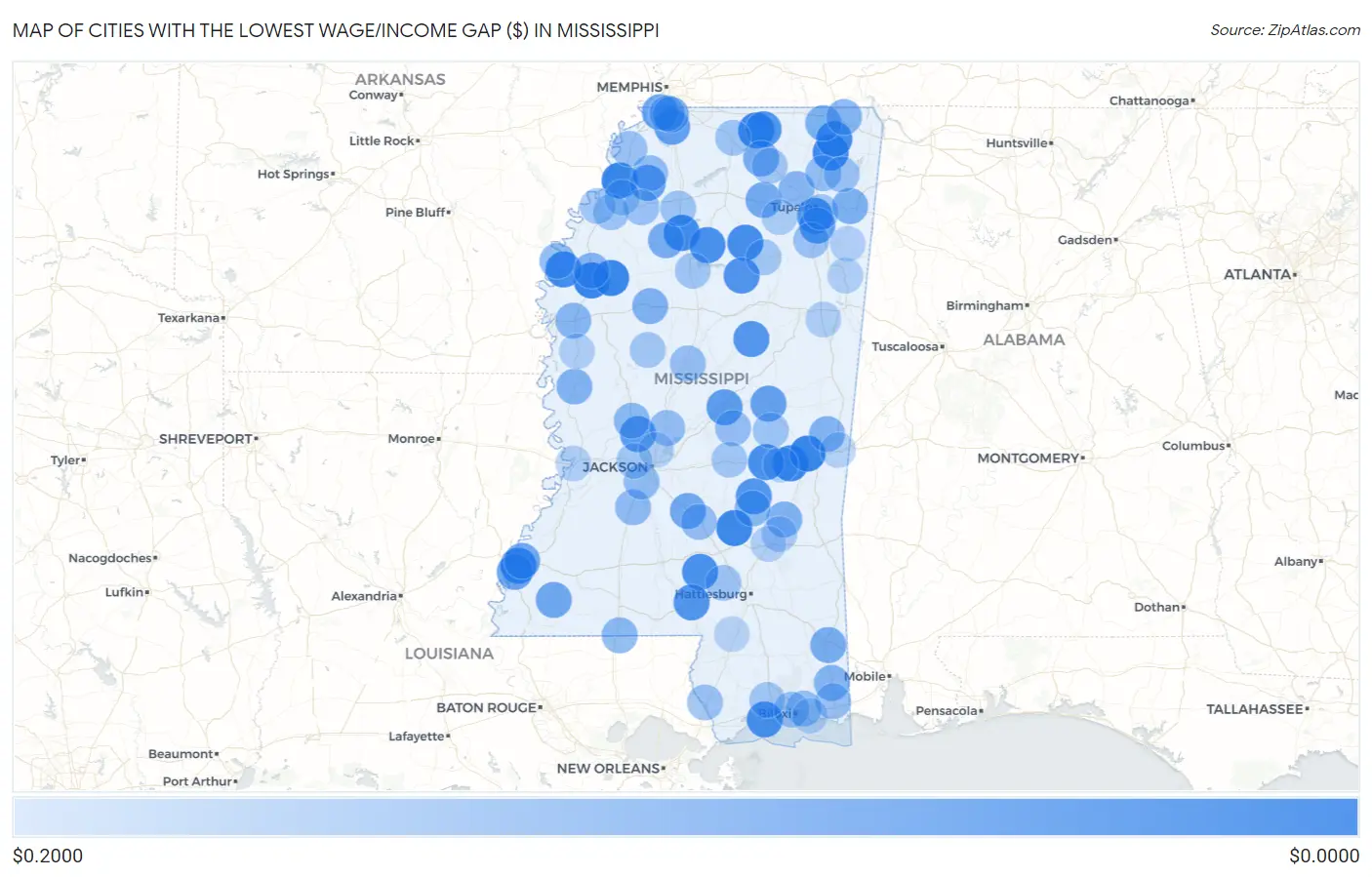 Cities with the Lowest Wage/Income Gap ($) in Mississippi Map