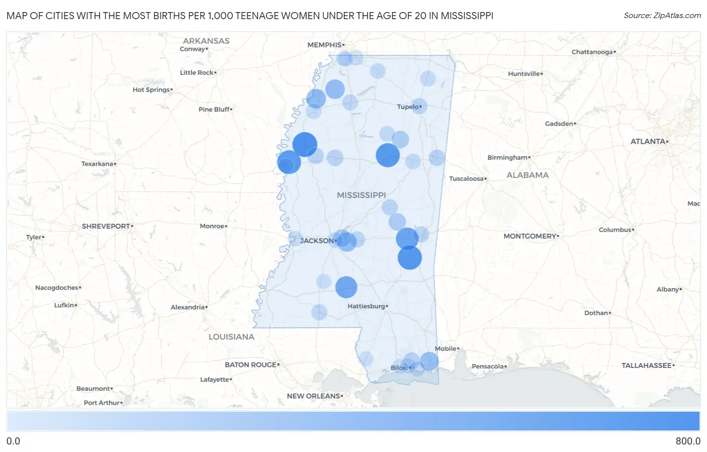Cities with the Most Births per 1,000 Teenage Women Under the Age of 20 in Mississippi Map