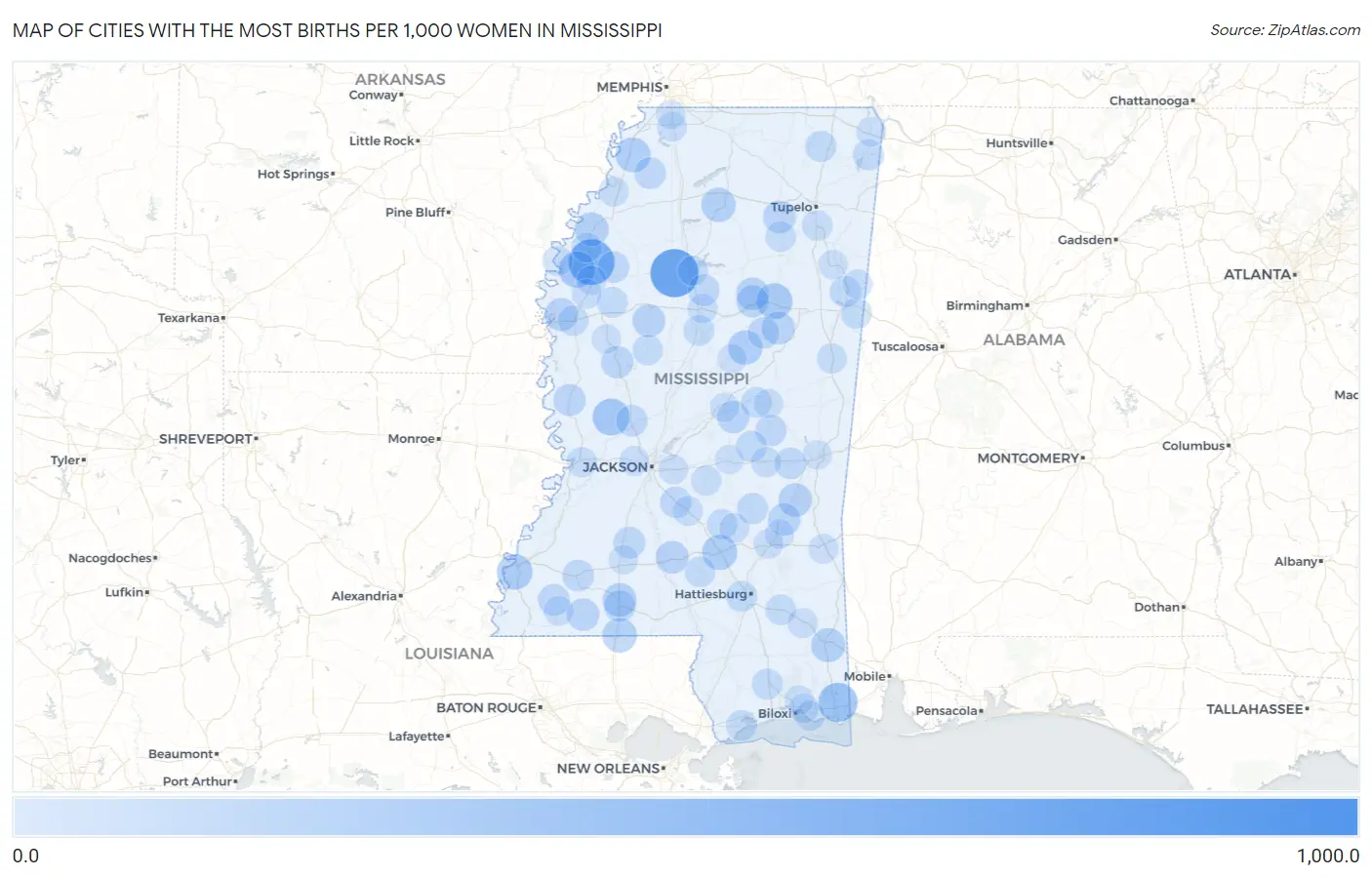 Cities with the Most Births per 1,000 Women in Mississippi Map