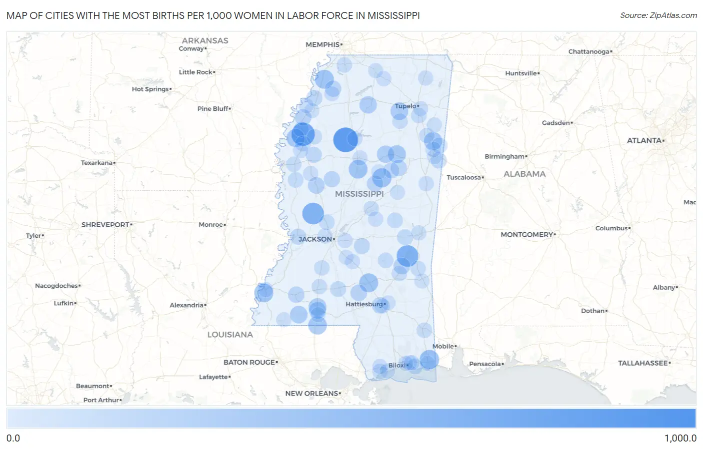 Cities with the Most Births per 1,000 Women in Labor Force in Mississippi Map