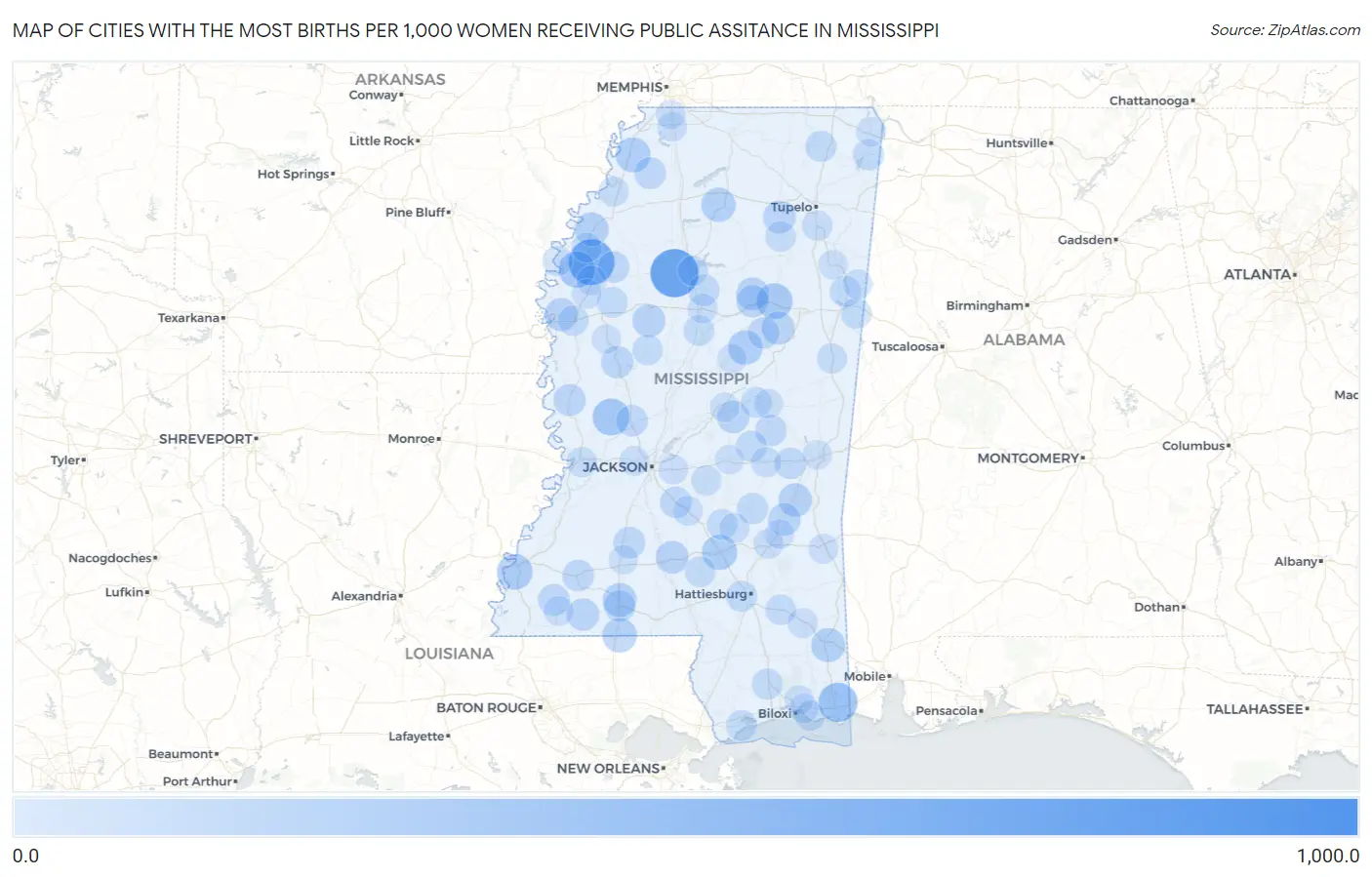 Cities with the Most Births per 1,000 Women Receiving Public Assitance in Mississippi Map