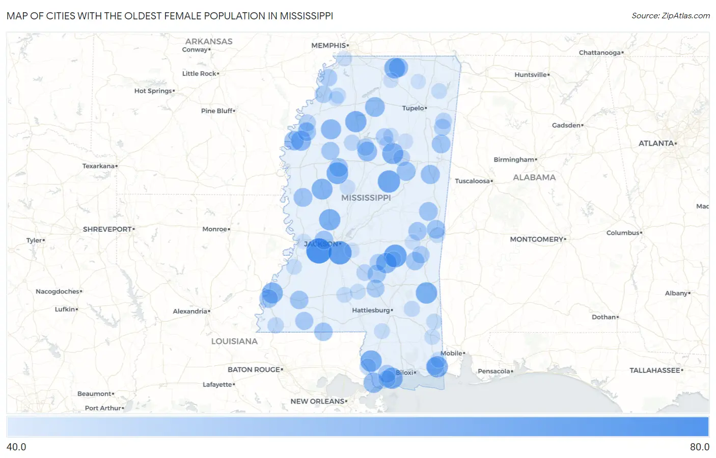 Cities with the Oldest Female Population in Mississippi Map