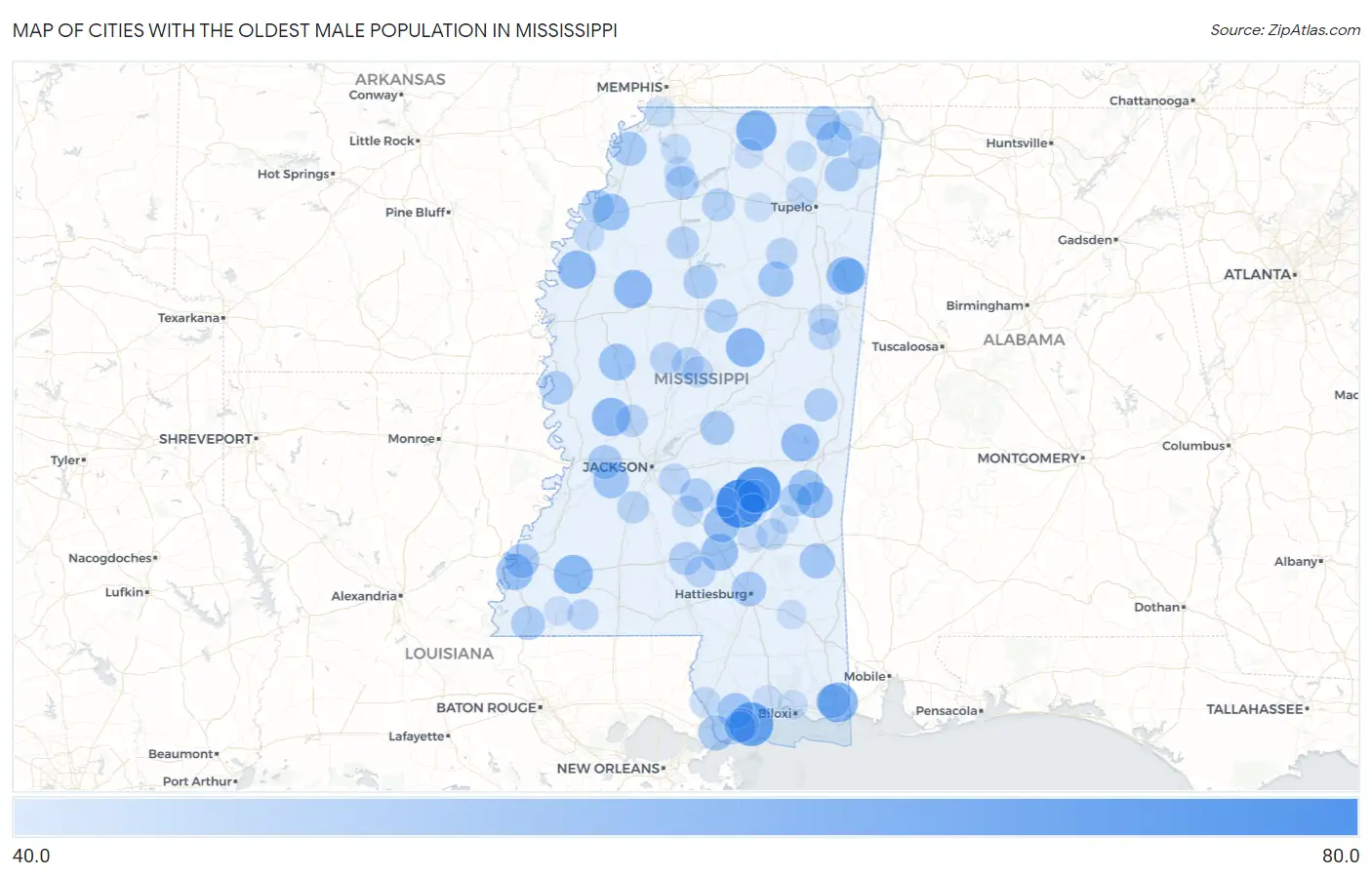 Cities with the Oldest Male Population in Mississippi Map