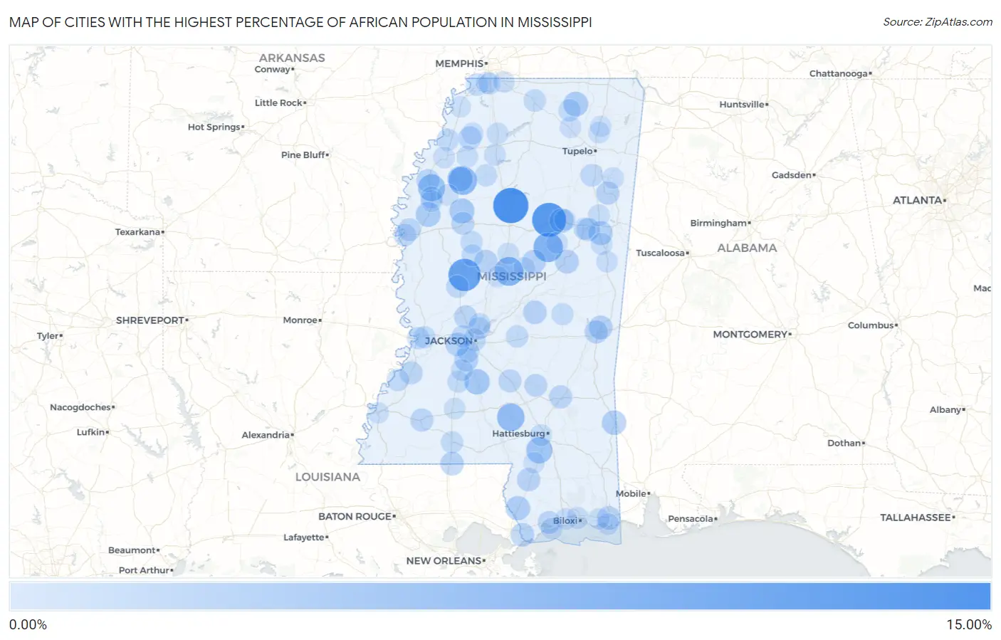 Cities with the Highest Percentage of African Population in Mississippi Map