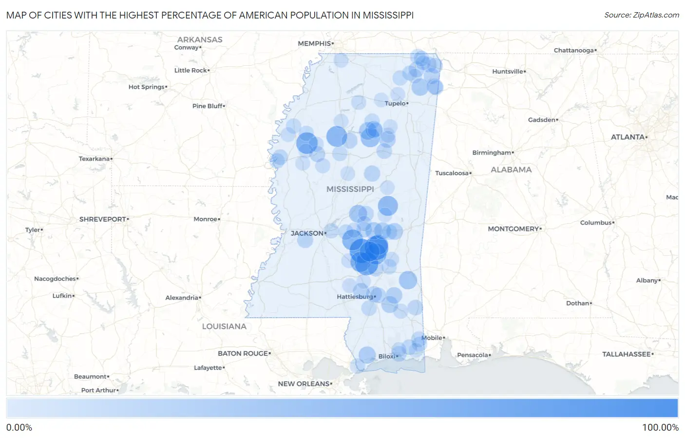 Cities with the Highest Percentage of American Population in Mississippi Map