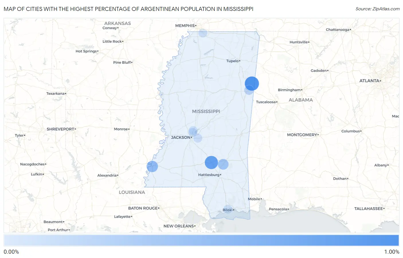 Cities with the Highest Percentage of Argentinean Population in Mississippi Map