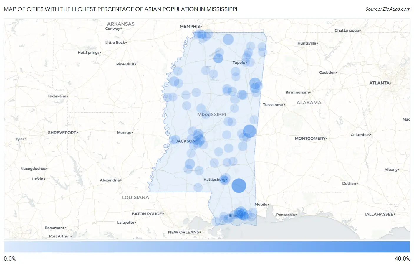 Cities with the Highest Percentage of Asian Population in Mississippi Map