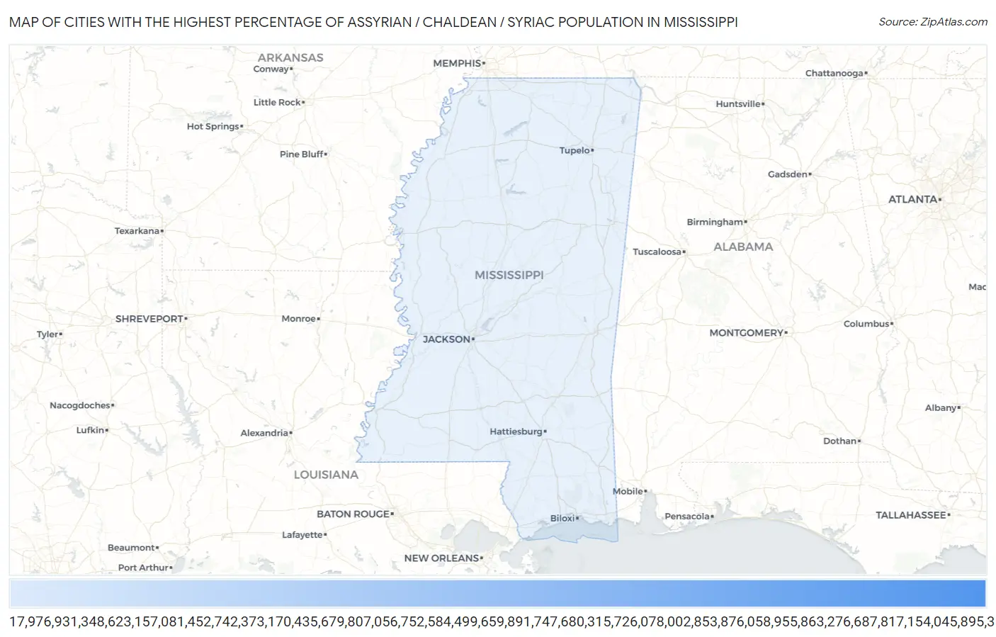 Cities with the Highest Percentage of Assyrian / Chaldean / Syriac Population in Mississippi Map