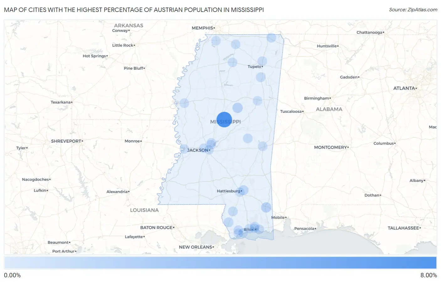 Cities with the Highest Percentage of Austrian Population in Mississippi Map