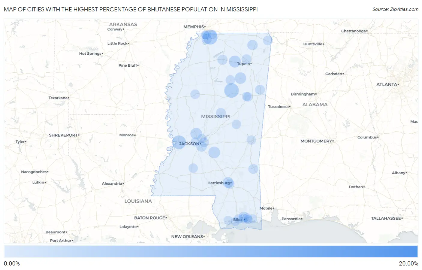 Cities with the Highest Percentage of Bhutanese Population in Mississippi Map