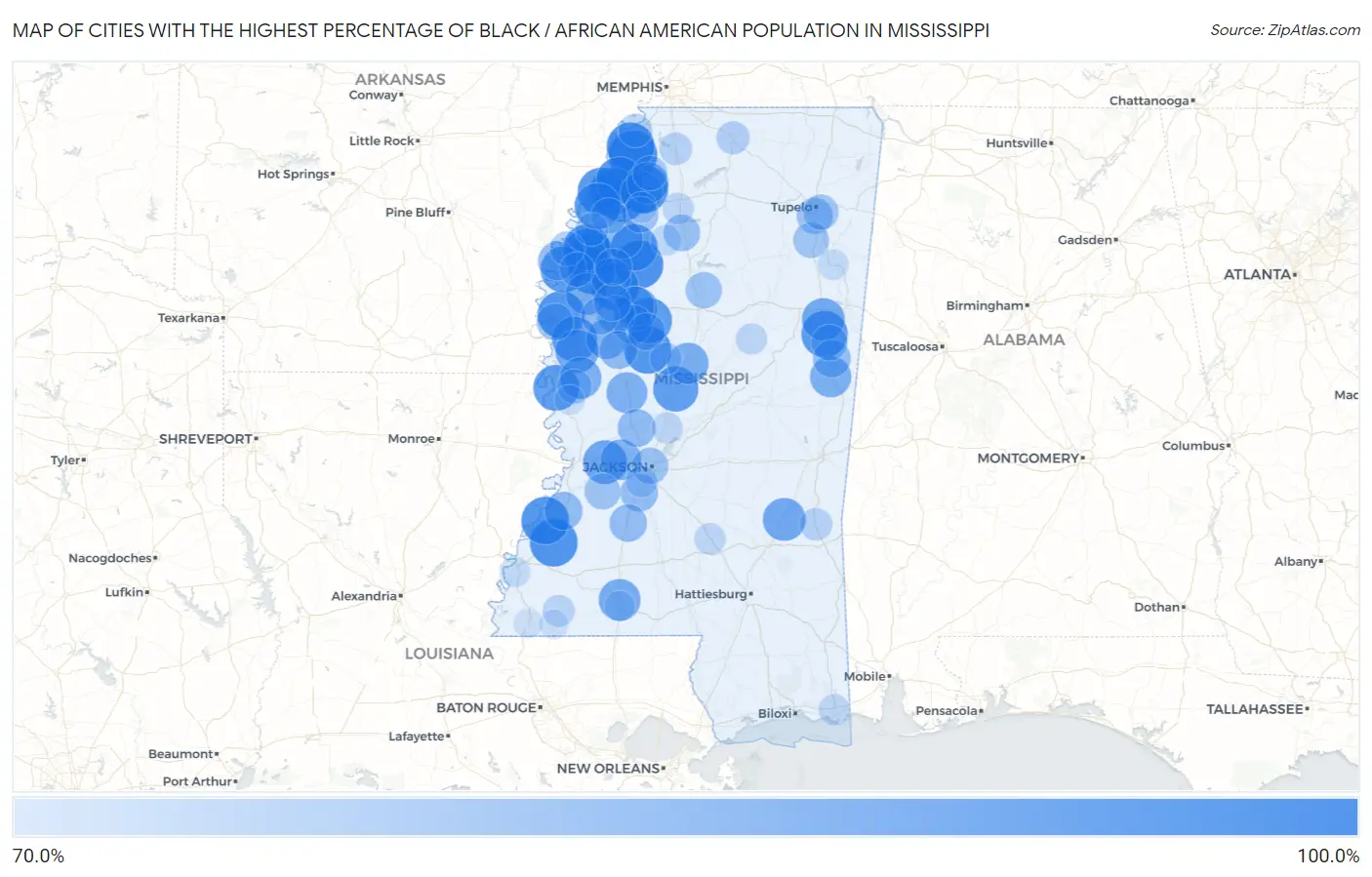 Cities with the Highest Percentage of Black / African American Population in Mississippi Map