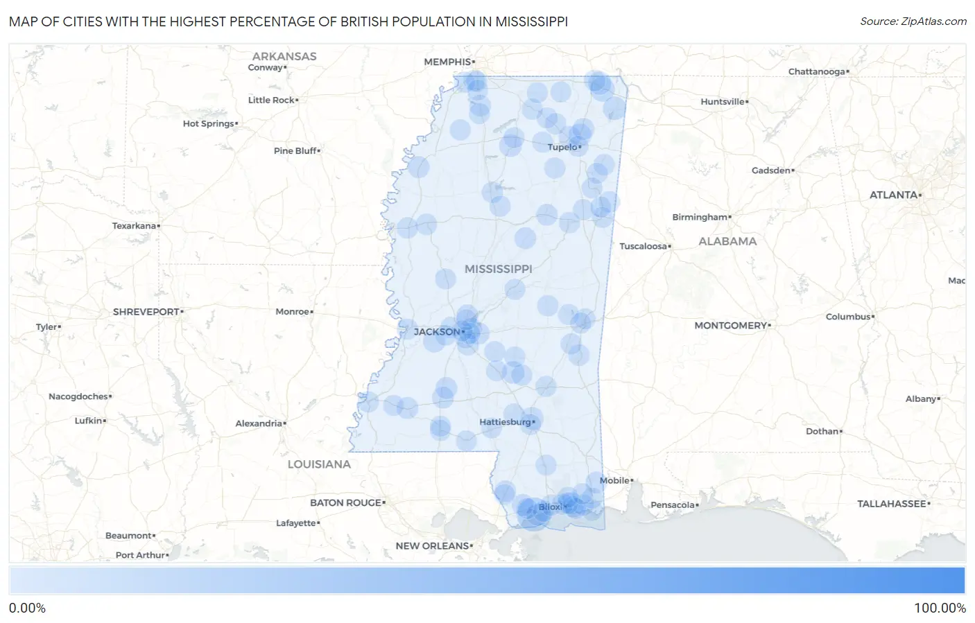 Cities with the Highest Percentage of British Population in Mississippi Map