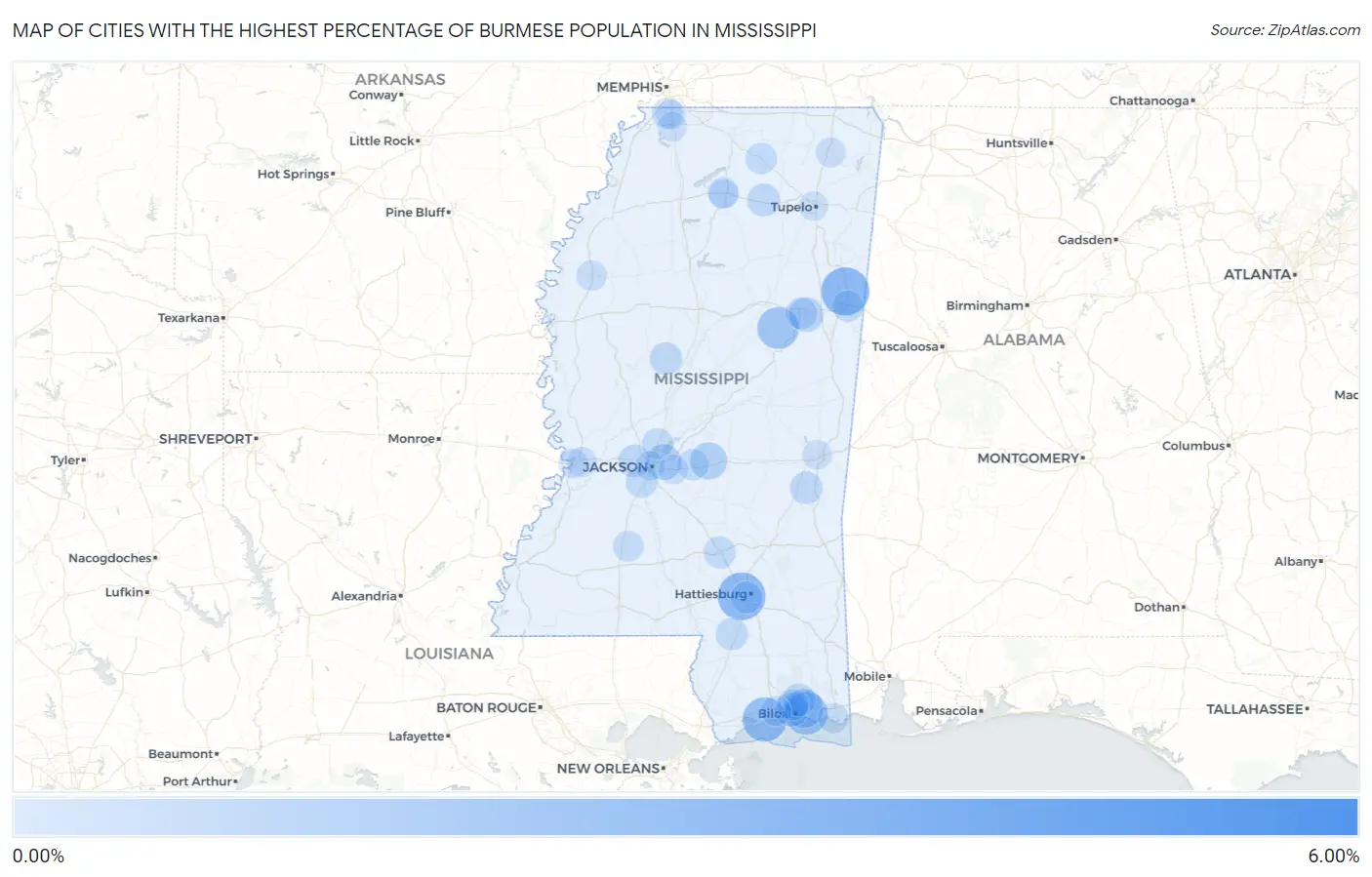 Cities with the Highest Percentage of Burmese Population in Mississippi Map