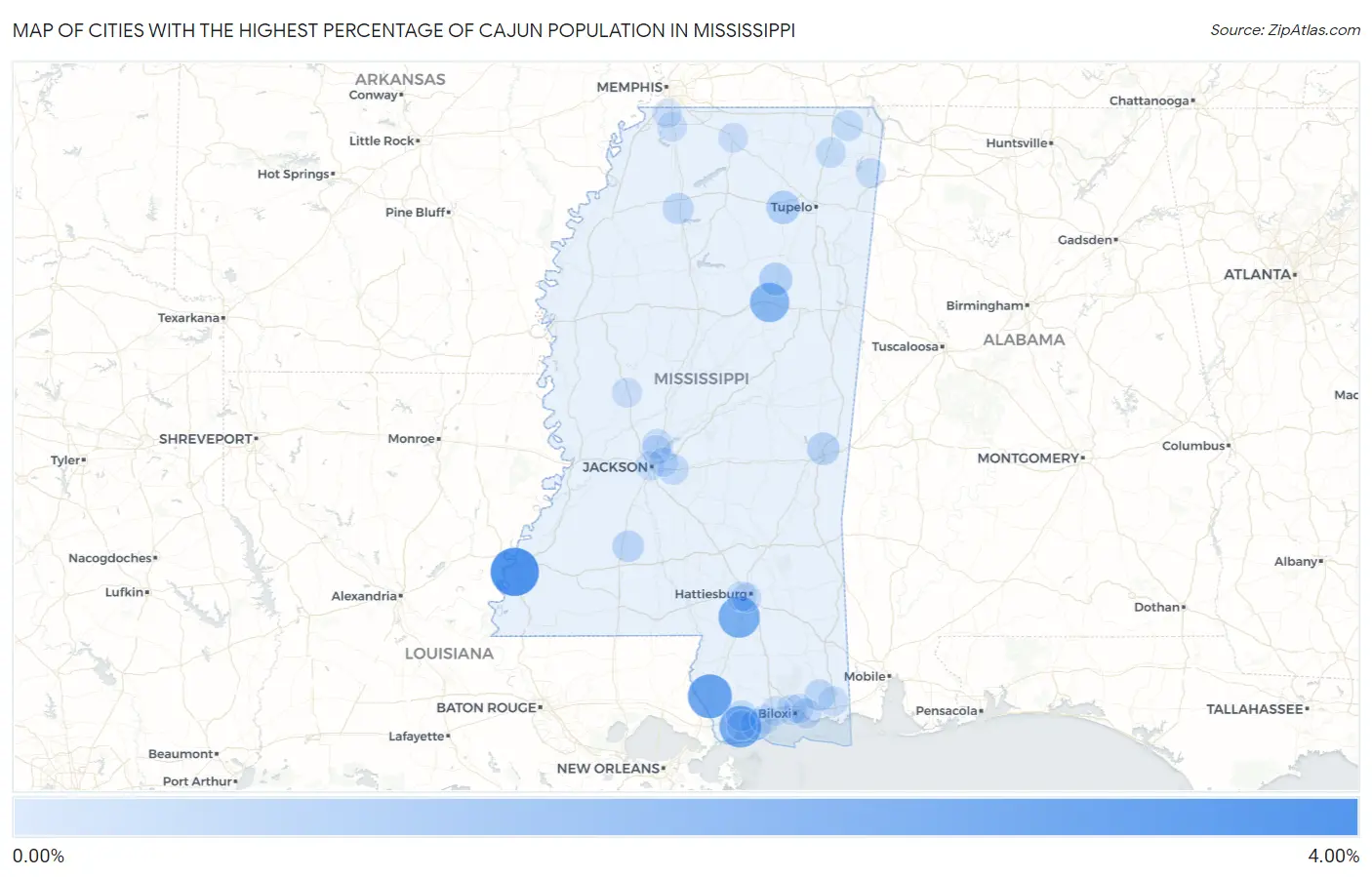 Cities with the Highest Percentage of Cajun Population in Mississippi Map