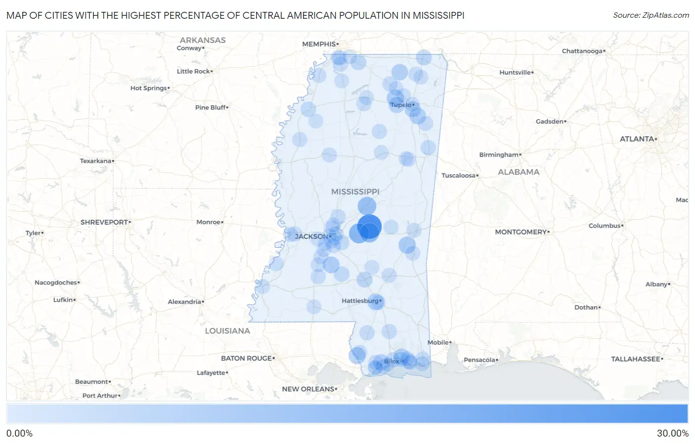 Cities with the Highest Percentage of Central American Population in Mississippi Map