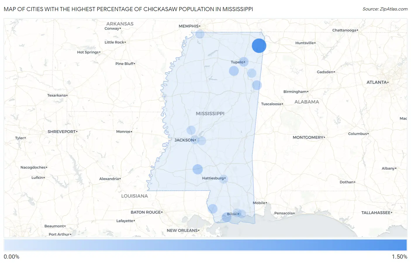 Cities with the Highest Percentage of Chickasaw Population in Mississippi Map