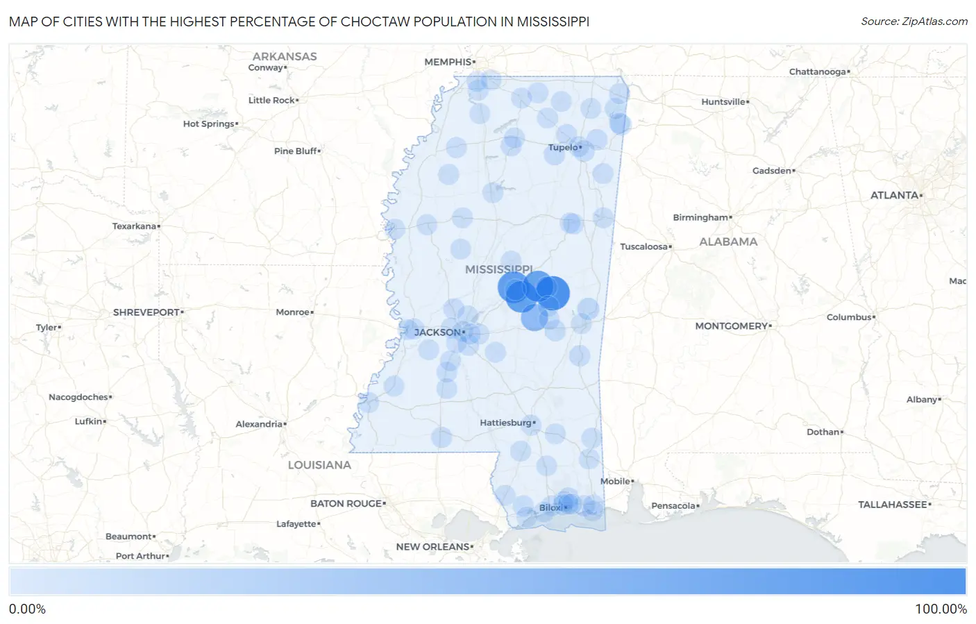 Cities with the Highest Percentage of Choctaw Population in Mississippi Map