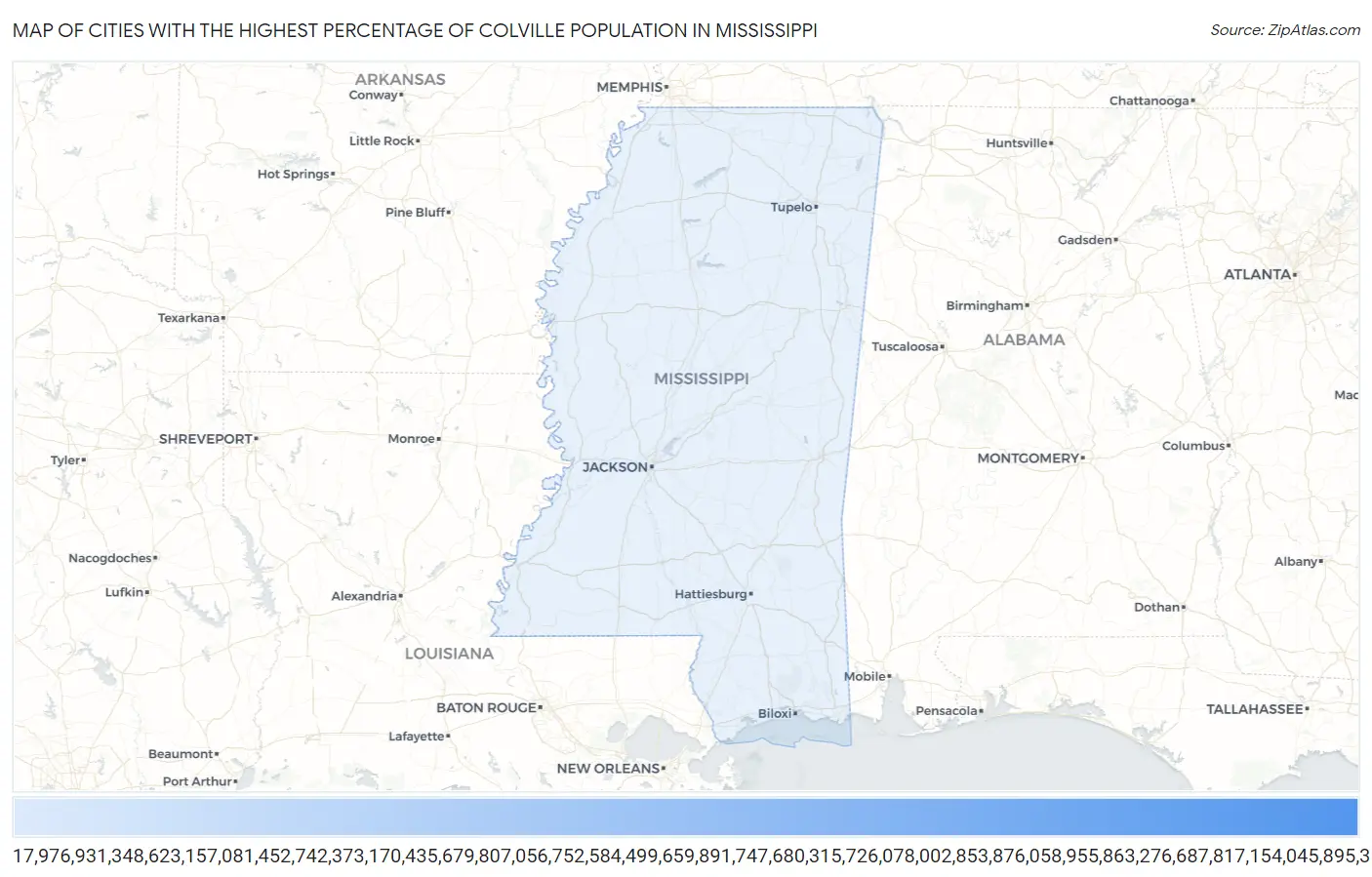 Cities with the Highest Percentage of Colville Population in Mississippi Map