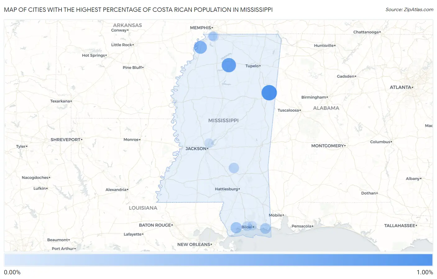Cities with the Highest Percentage of Costa Rican Population in Mississippi Map