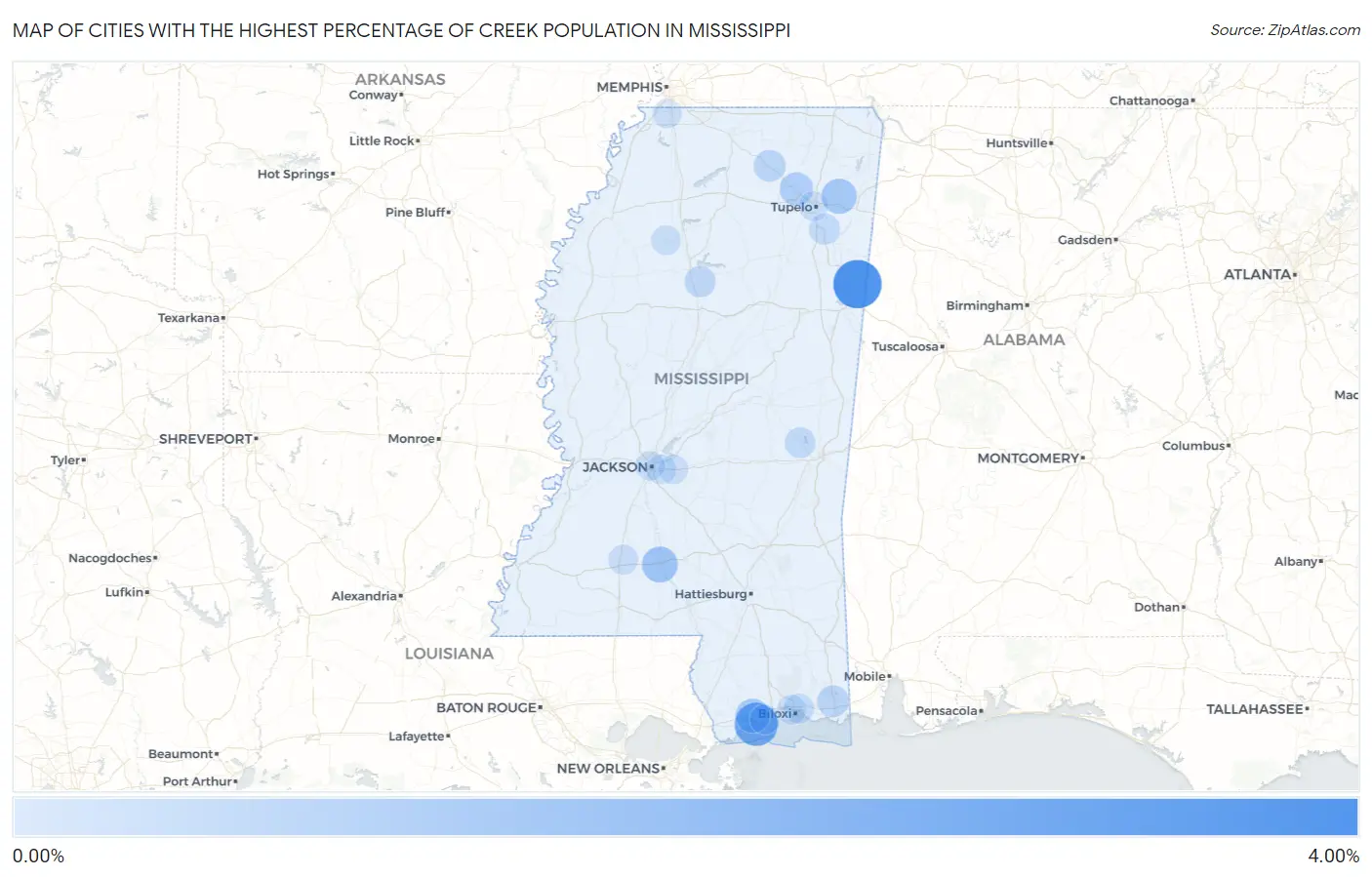 Cities with the Highest Percentage of Creek Population in Mississippi Map