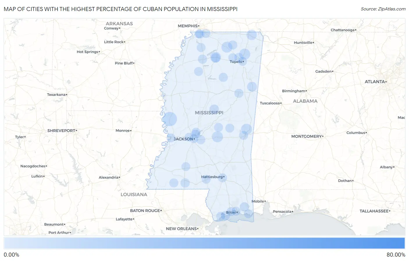 Cities with the Highest Percentage of Cuban Population in Mississippi Map