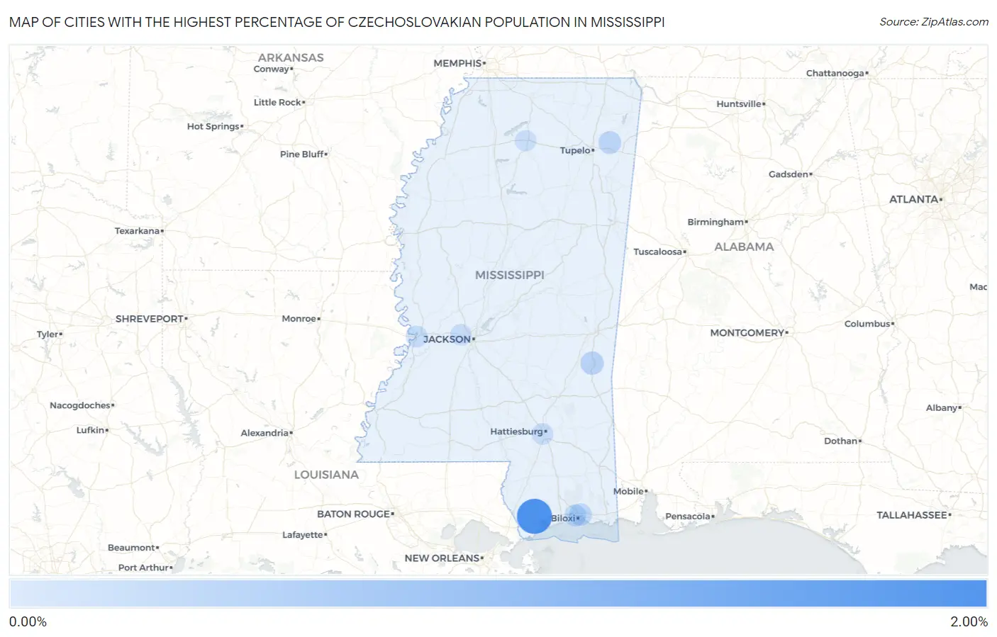 Cities with the Highest Percentage of Czechoslovakian Population in Mississippi Map