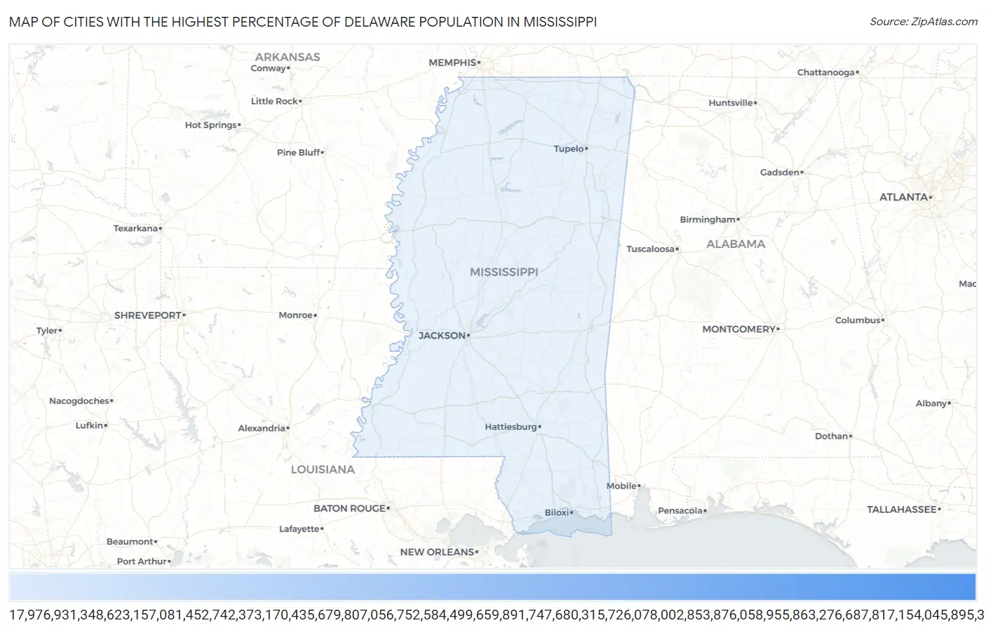 Cities with the Highest Percentage of Delaware Population in Mississippi Map