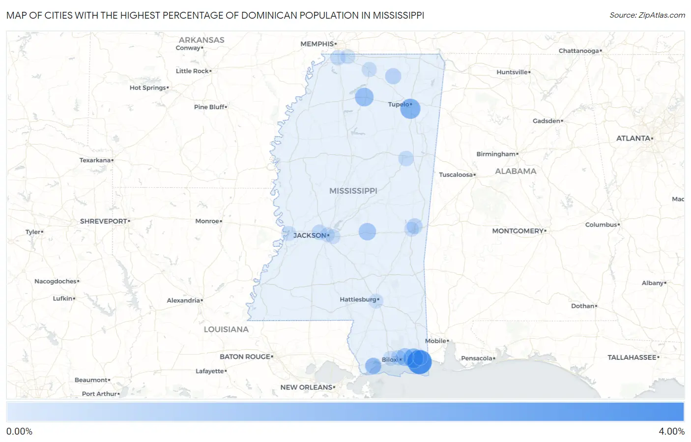 Cities with the Highest Percentage of Dominican Population in Mississippi Map