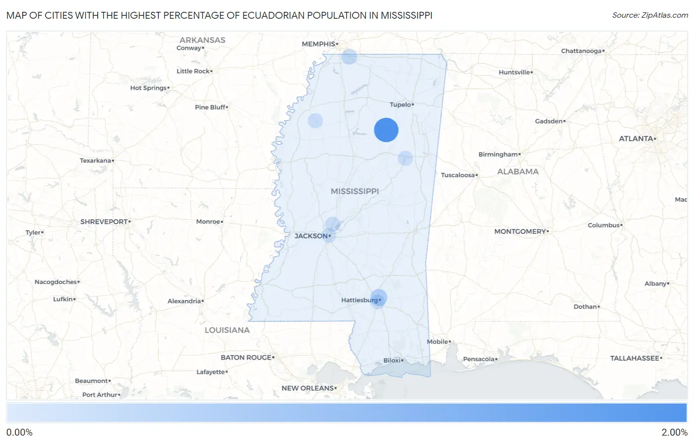 Cities with the Highest Percentage of Ecuadorian Population in Mississippi Map
