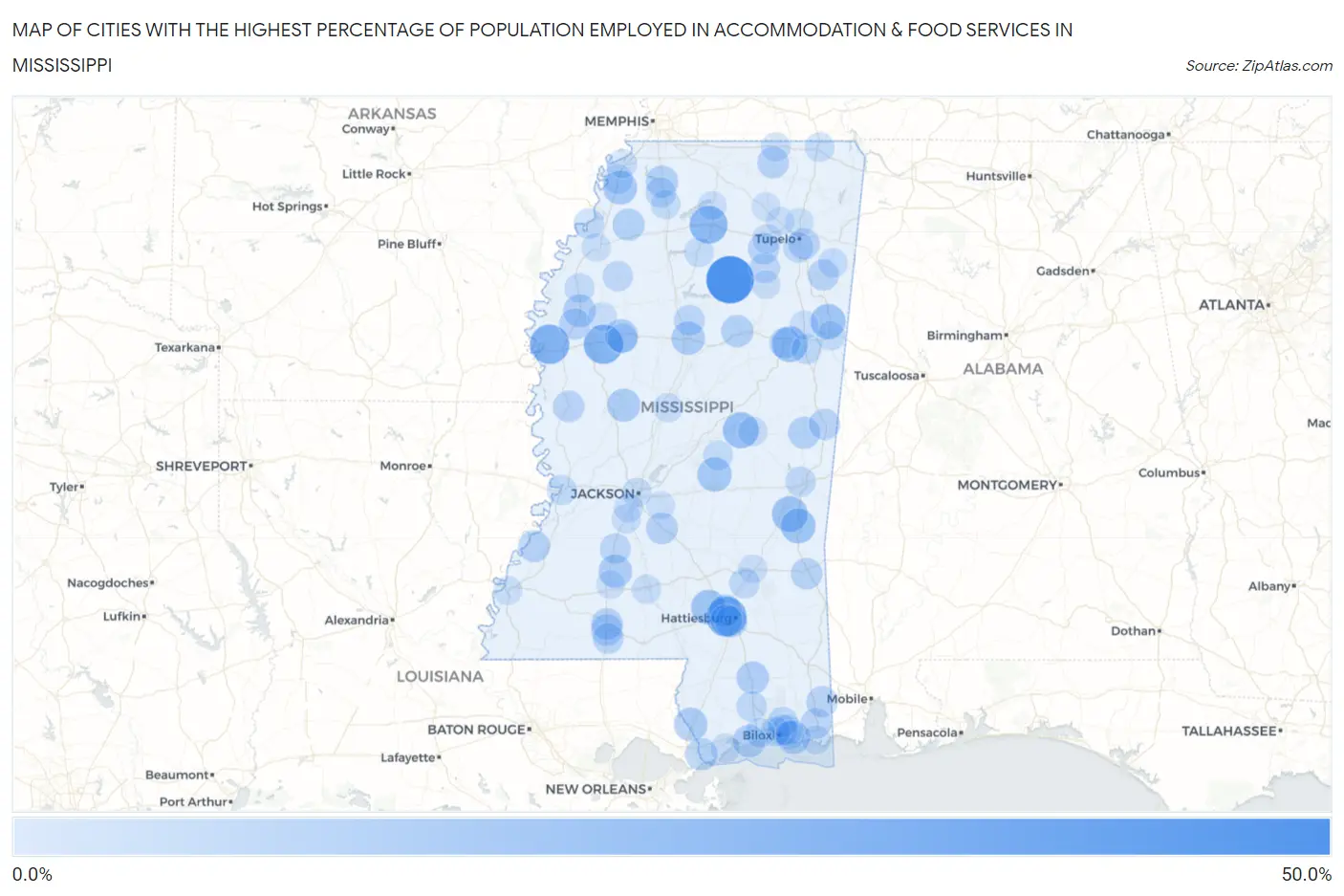 Cities with the Highest Percentage of Population Employed in Accommodation & Food Services in Mississippi Map