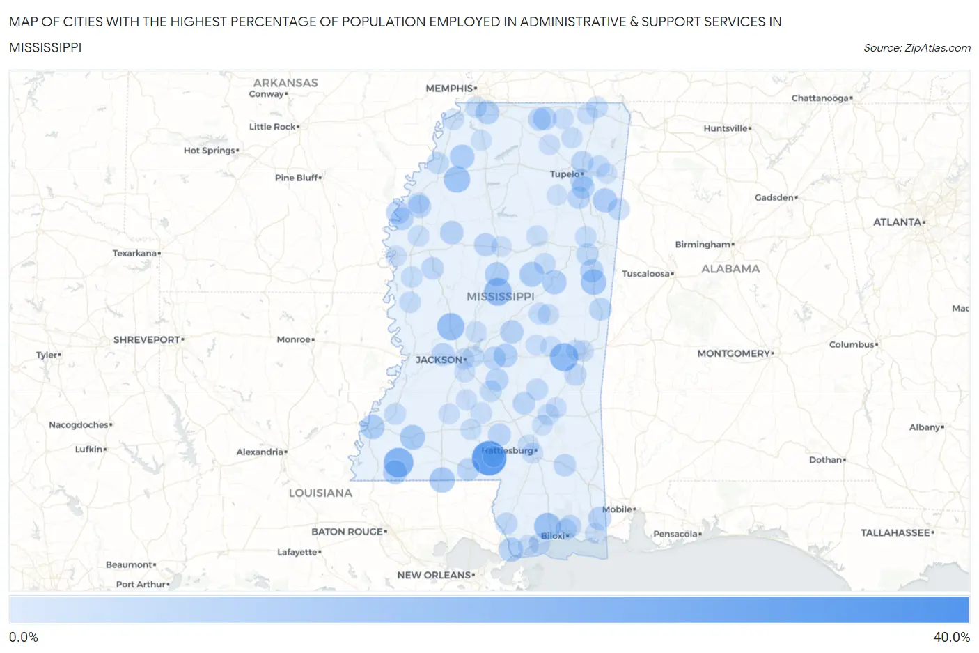 Cities with the Highest Percentage of Population Employed in Administrative & Support Services in Mississippi Map