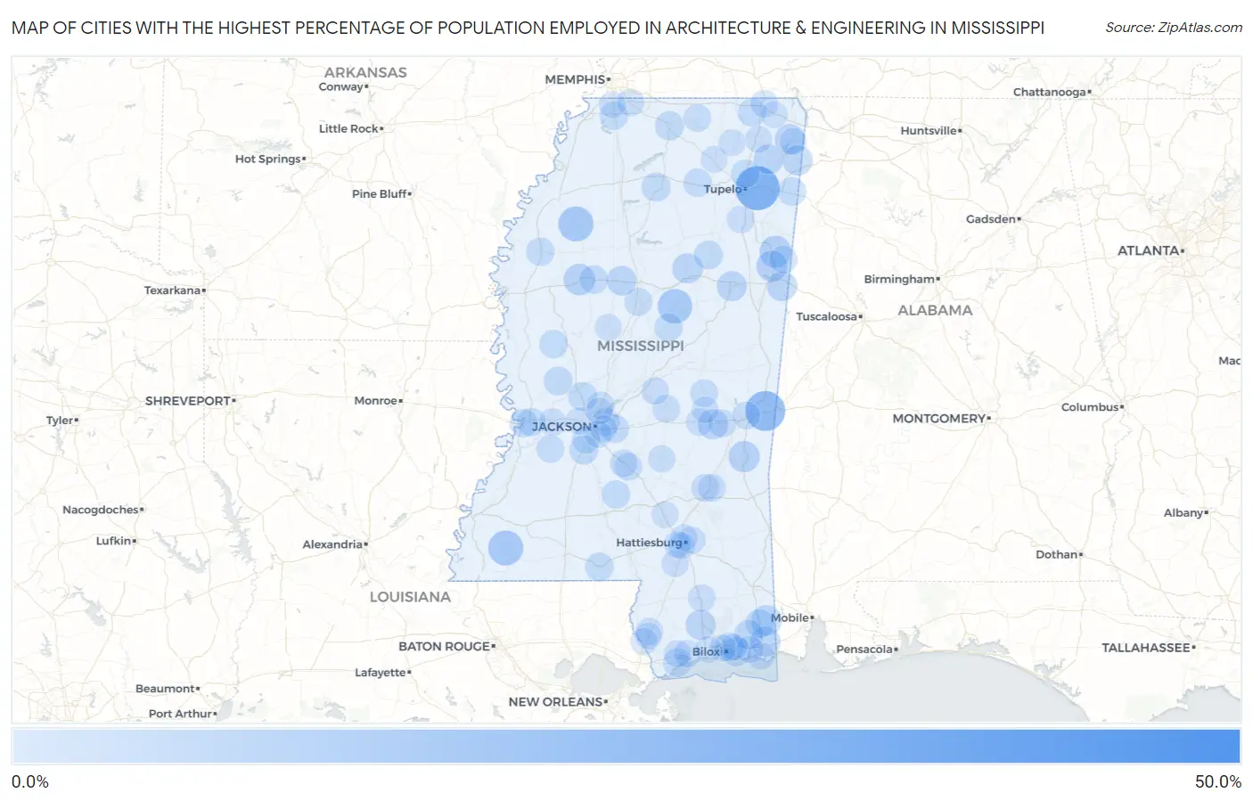 Cities with the Highest Percentage of Population Employed in Architecture & Engineering in Mississippi Map