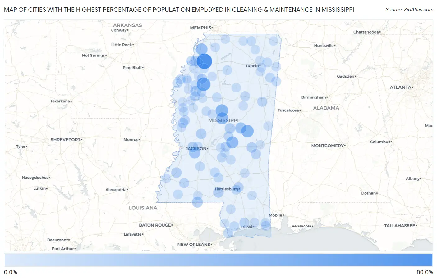 Cities with the Highest Percentage of Population Employed in Cleaning & Maintenance in Mississippi Map
