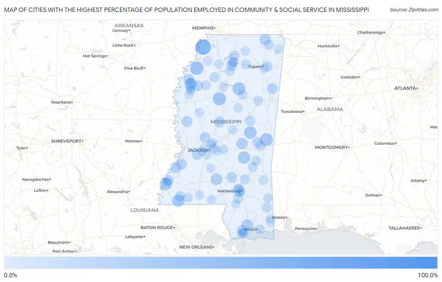 Cities with the Highest Percentage of Population Employed in Community & Social Service  in Mississippi Map