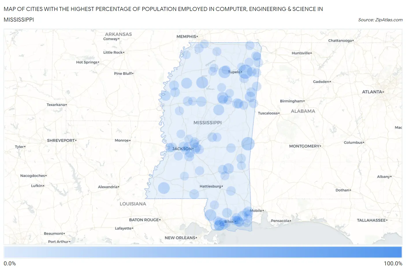 Cities with the Highest Percentage of Population Employed in Computer, Engineering & Science in Mississippi Map