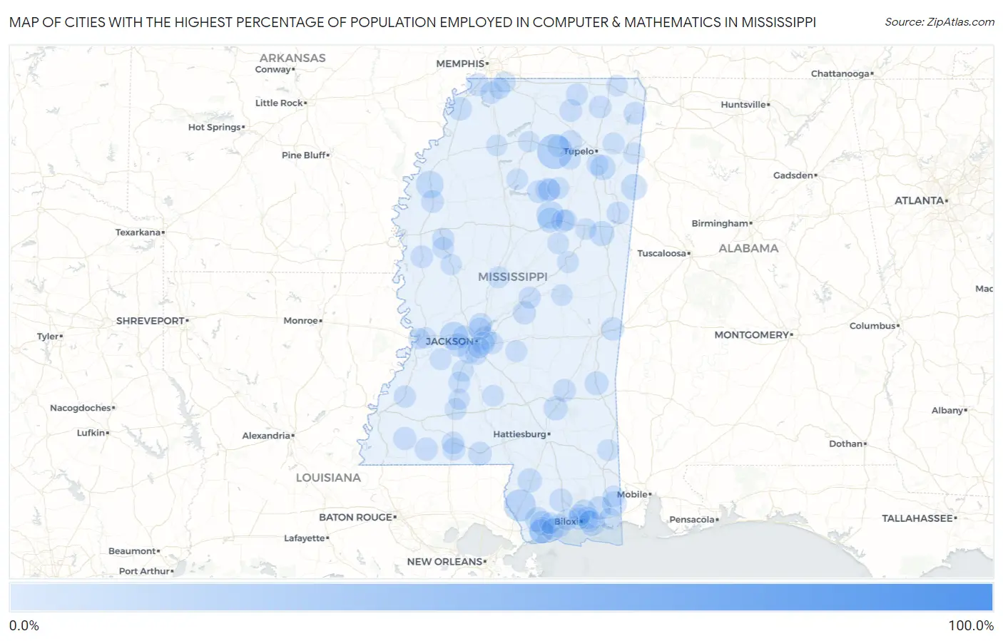 Cities with the Highest Percentage of Population Employed in Computer & Mathematics in Mississippi Map