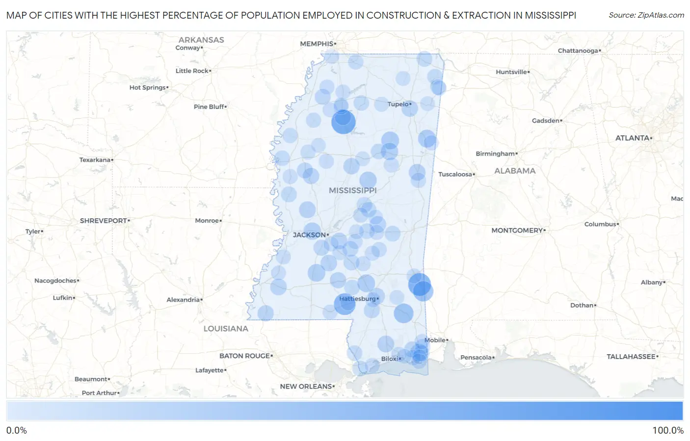 Cities with the Highest Percentage of Population Employed in Construction & Extraction in Mississippi Map