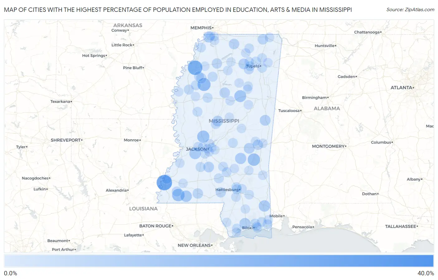 Cities with the Highest Percentage of Population Employed in Education, Arts & Media in Mississippi Map