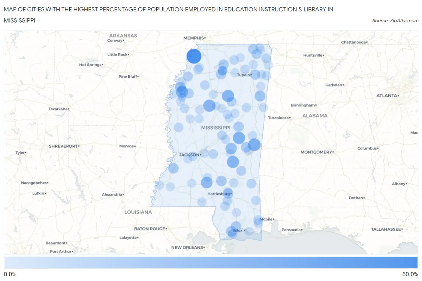 Cities with the Highest Percentage of Population Employed in Education Instruction & Library in Mississippi Map