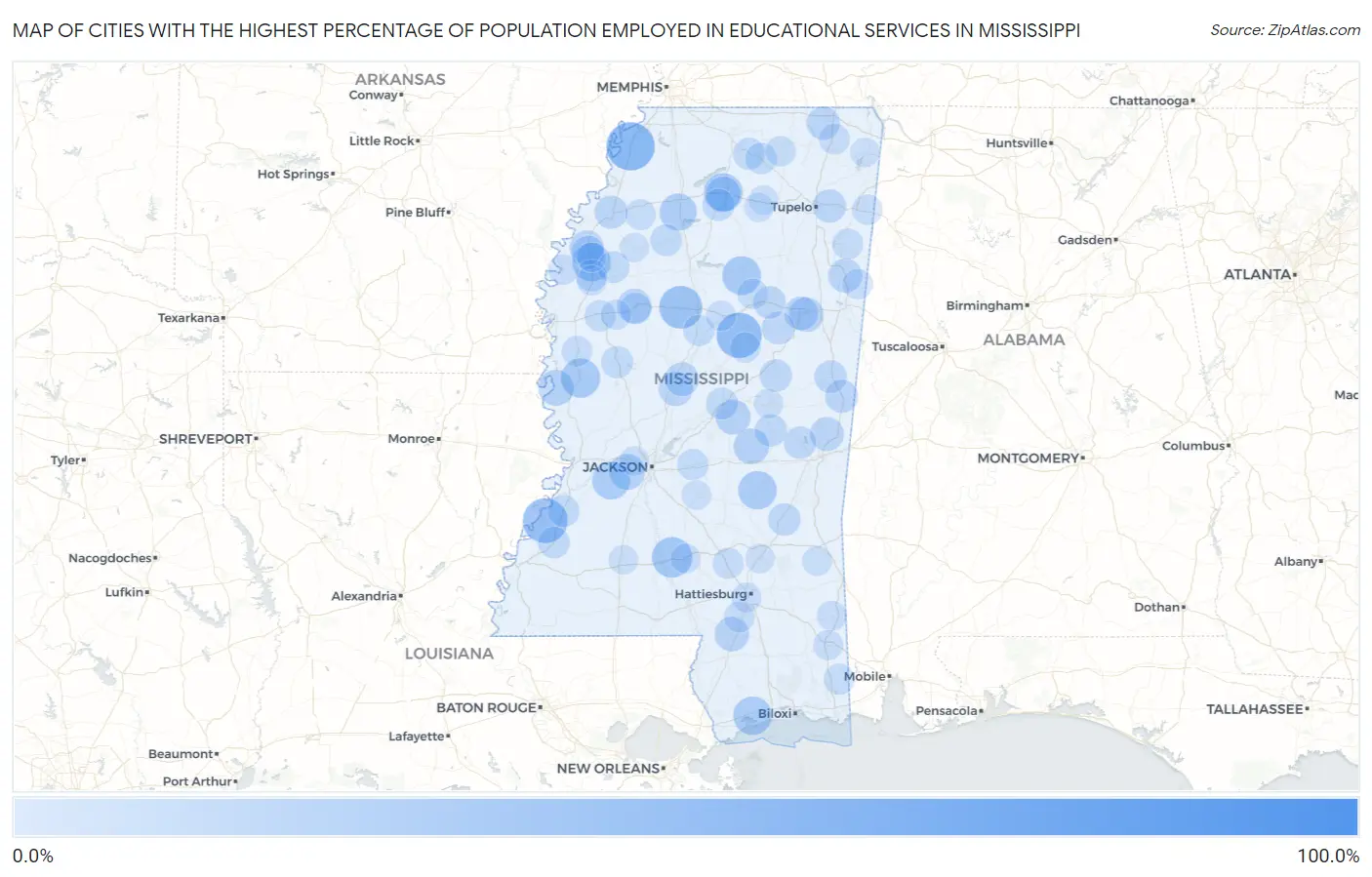 Cities with the Highest Percentage of Population Employed in Educational Services in Mississippi Map